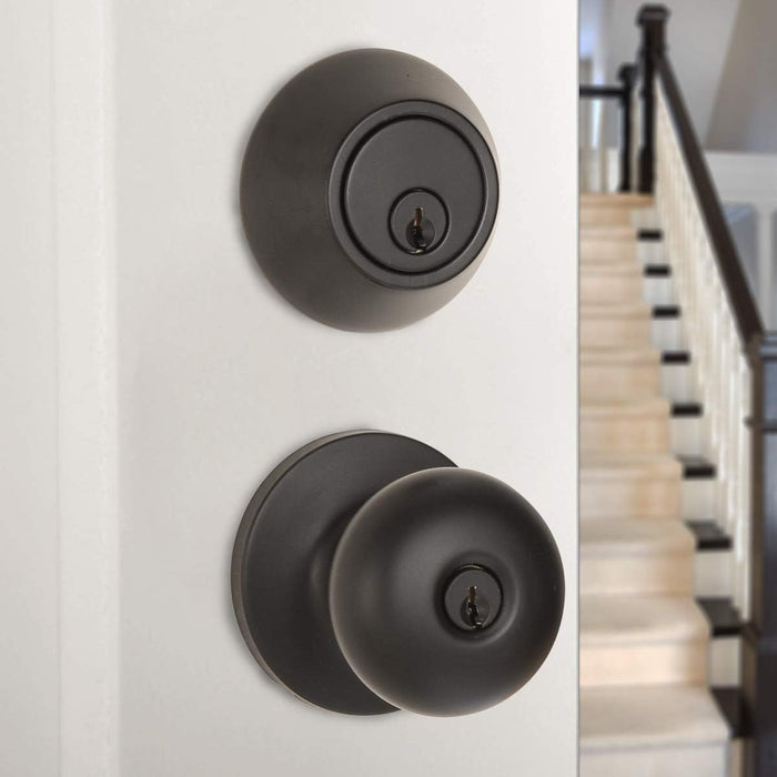 Amazon Basics Entry Door Knob With Lock and Deadbolt, Round, Matte Black