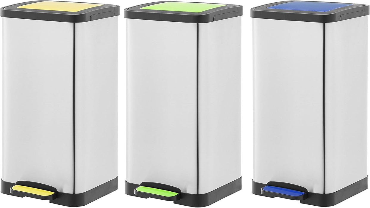 Amazon Basics Rectangular Plastic Dustbin Set of 3 - Yellow, Blue, Green, 3 x 15 L