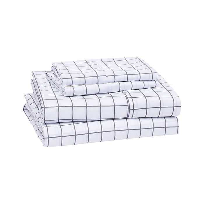 Amazon Basics Lightweight Super Soft Easy Care Microfiber 4 Piece Bed Sheet Set With 14-Inch Deep Pockets, Queen, Gray Windowpane, Geometric