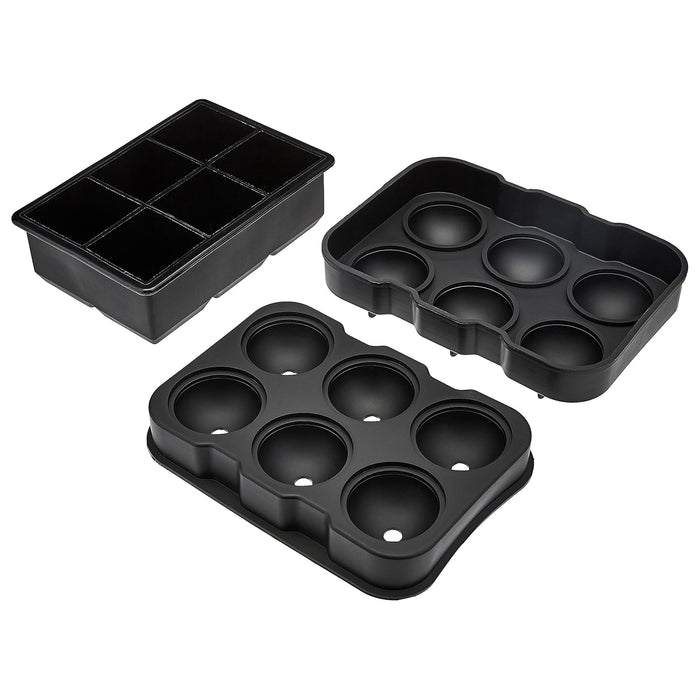AmazonCommercial Silicone Ice Cube Trays, Set of 2, Spherical mold (7 x 5 x 2.2 IN) set of 1 + Square mold (6.5 x 4.4 x 2.0 IN)