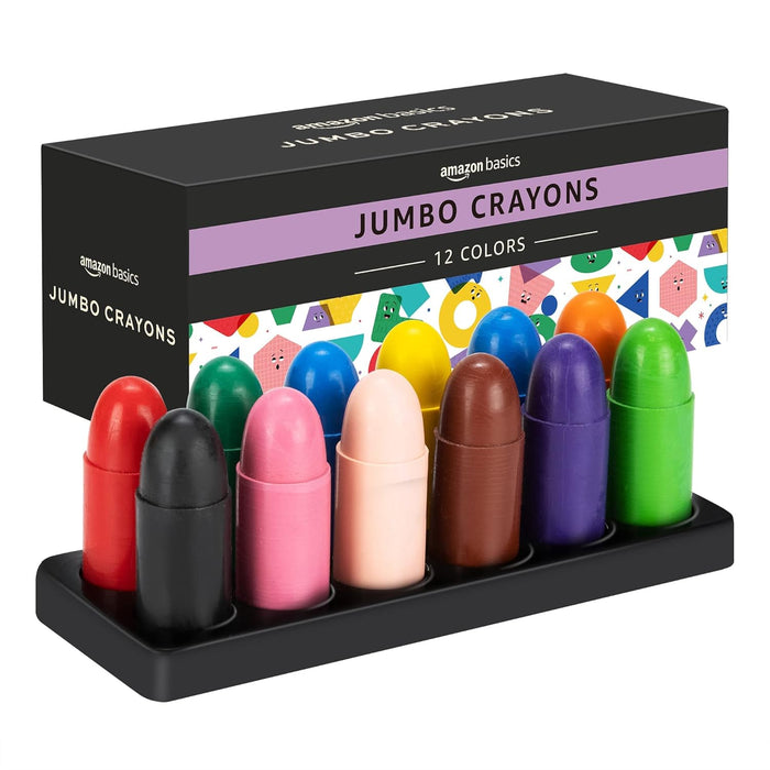 Amazon Basics Jumbo Crayons for Toddlers, 12 Count, Multicolor