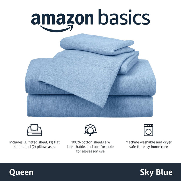 Amazon Basics Cotton Jersey 4-Piece Bed Sheet Set, Queen, Sky Blue