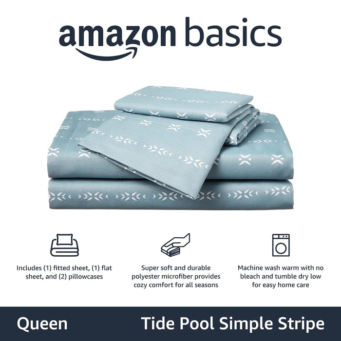 Amazon Basics Soft Microfiber 4-Piece Bed Sheet Set with Elastic Side Pockets, Queen, Tide Pool Simple Stripe