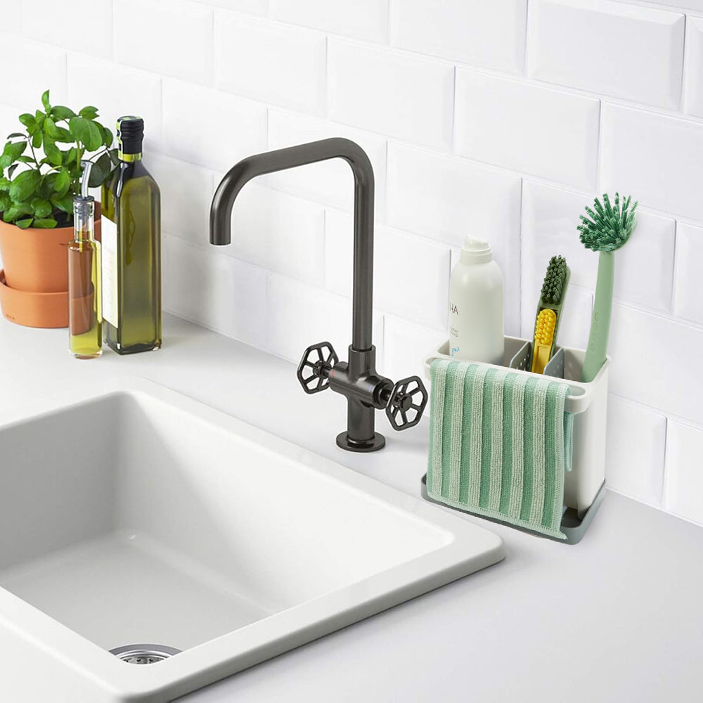 Amazon basics kitchen sink storage rack/sponge rack - standard, white, suitable for kitchen, bathroom, sink, with hanging rod and ventilation partition, multifunctional storage for brushes, sponges, dishcloths, ABS durable material