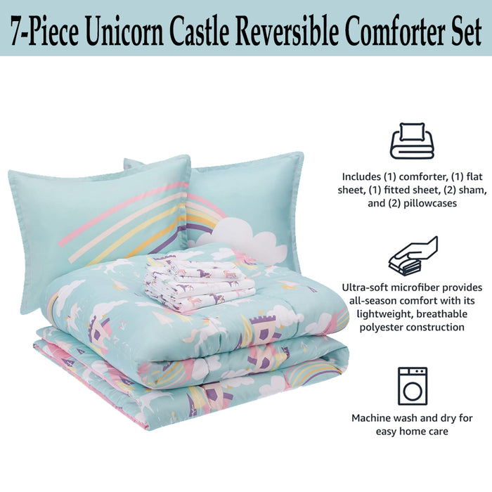 AmazonBasics Kids Easy-Wash Microfiber Bed-in-a-Bag Bedding Set - Full/Queen, Unicorn Kingdom