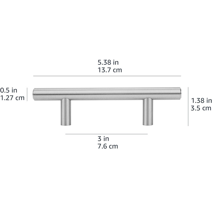 Amazon Basics Euro Bar Cabinet Handle (1/2" Diameter), 5.38" Length (3" Hole Center), Satin Nickel, 50-Pack