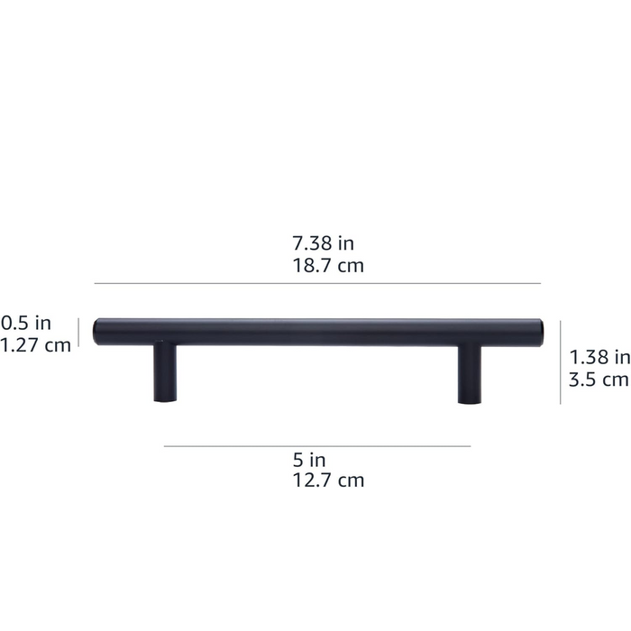 Amazon Basics Euro Bar Cabinet Handle (1/2" Diameter), 7.38" Length (5" Hole Center), Flat Black, 10-Pack