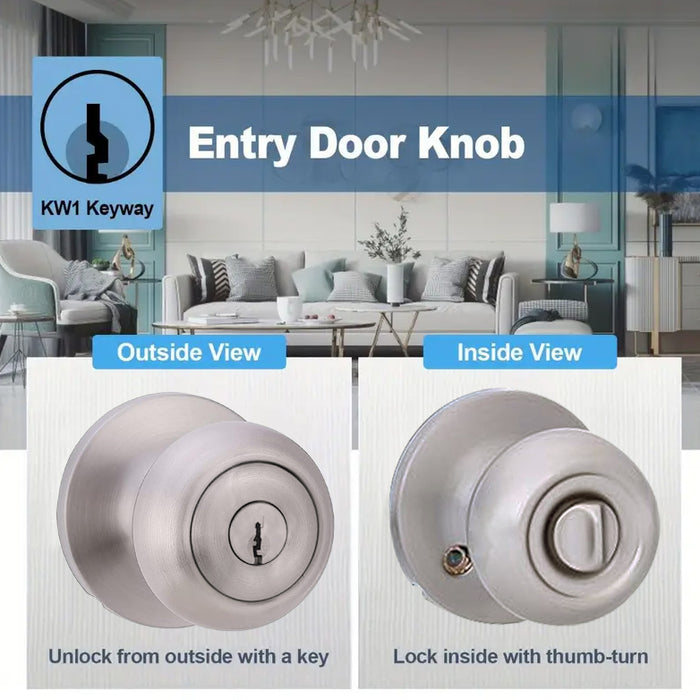 Amazon Basics Entry Door Knob With Lock and Deadbolt, Coastal, Satin Nickel