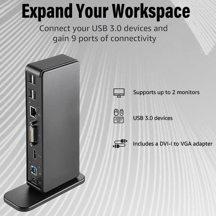 Amazon Basics USB 3.0 Universal Laptop Dual Monitor Docking Station, Black