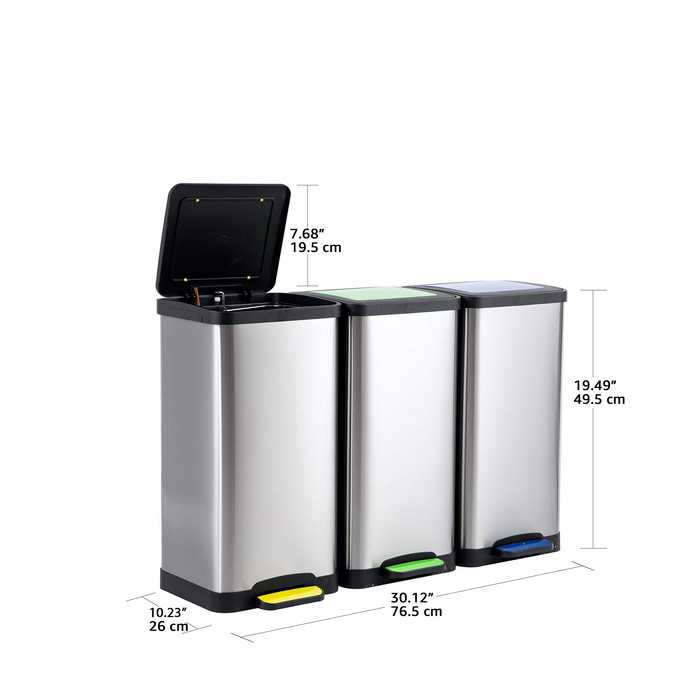 Amazon Basics Rectangular Plastic Dustbin Set of 3 - Yellow, Blue, Green, 3 x 15 L