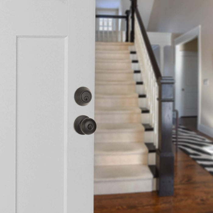 Amazon Basics Entry Door Knob With Lock and Deadbolt, Round, Matte Black