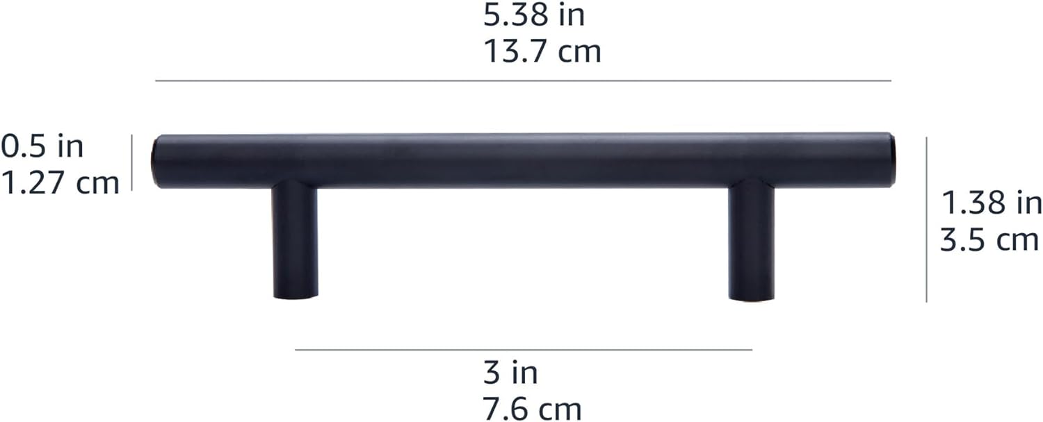 Amazon Basics Euro Bar Cabinet Handle (1/2-inch Diameter), 5.38-inch Length (3-inch Hole Center), Flat Black, 60-Pack