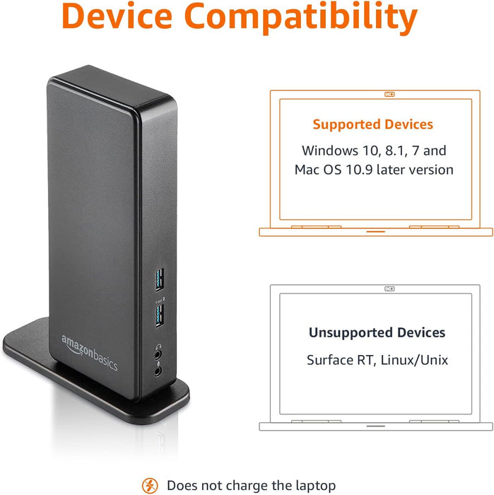 Amazon Basics USB 3.0 Universal Laptop Dual Monitor Docking Station, Black