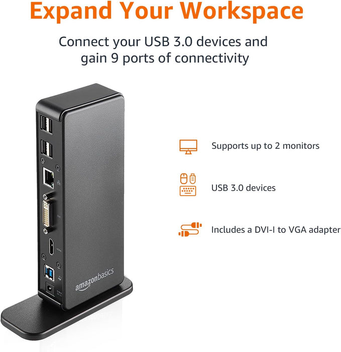 Amazon Basics USB 3.0 Universal Laptop Dual Monitor Docking Station, Black