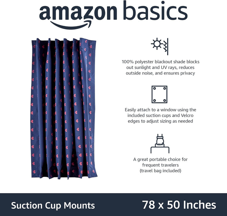 AmazonBasics Portable Kids Travel Window Blackout Curtain Shades with Suction Cups - Pink Hearts