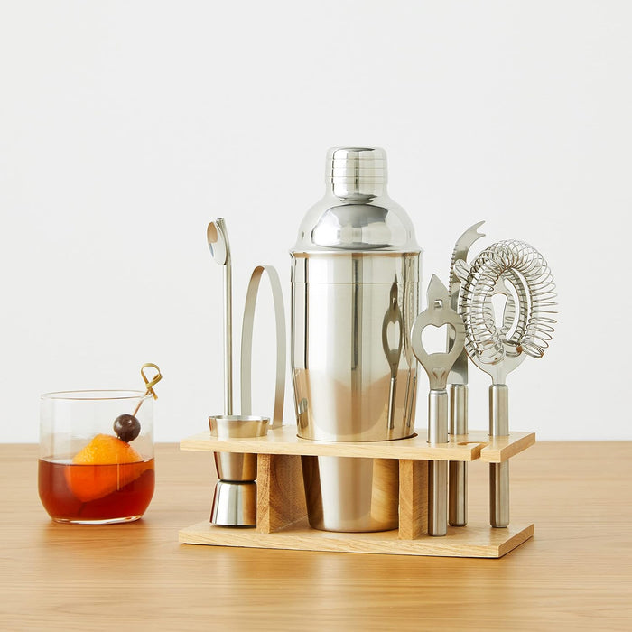 Amazon Basics 8-Piece Bar Tool Set with Wooden Stand Holder Stainless Steel