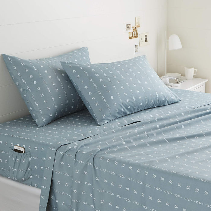 Amazon Basics Soft Microfiber 4-Piece Bed Sheet Set with Elastic Side Pockets, Queen, Tide Pool Simple Stripe