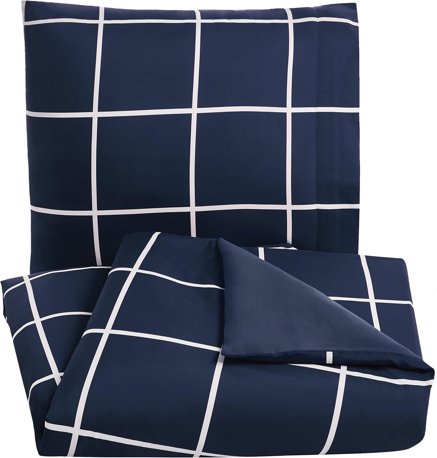 Amazon Basics 2-Piece Microfibre Duvet Cover Set, Duvet Cover 135 x 200 cm and 1 Pillowcase 80 x 80 cm, Navy Blue Check