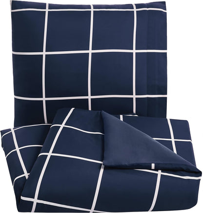Amazon Basics 2-Piece Microfibre Duvet Cover Set, Duvet Cover 135 x 200 cm and 1 Pillowcase 80 x 80 cm, Navy Blue Check