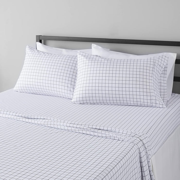Amazon Basics Lightweight Super Soft Easy Care Microfiber 4 Piece Bed Sheet Set With 14-Inch Deep Pockets, Queen, Gray Windowpane, Geometric