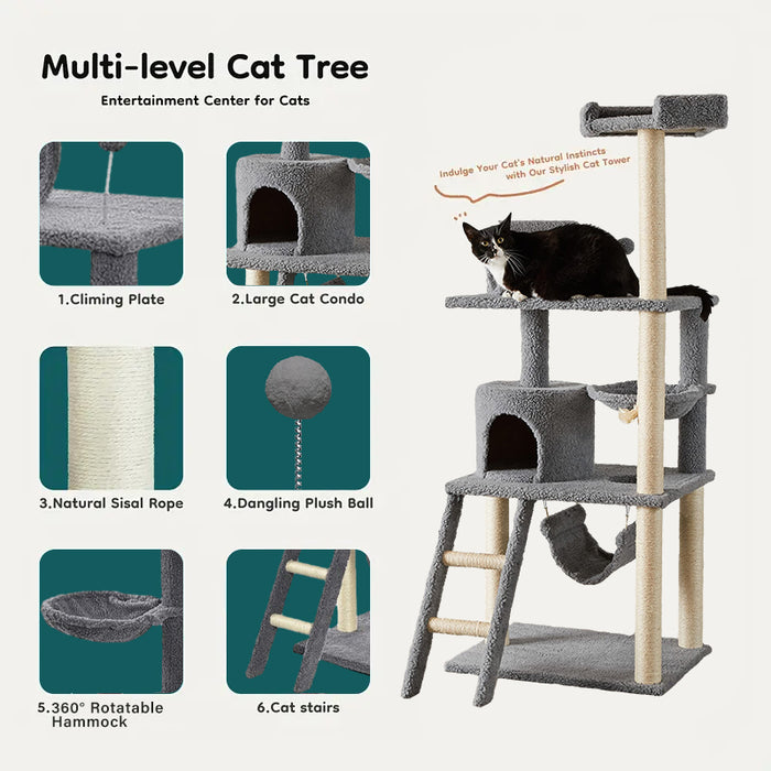 Amazon Basics Multi-Level Cat Tree Indoor Climbing Activity Cat Tower with Scratching Posts, Hammock, and Tunnel, 19 x 19 x 50 Inches, Grey
