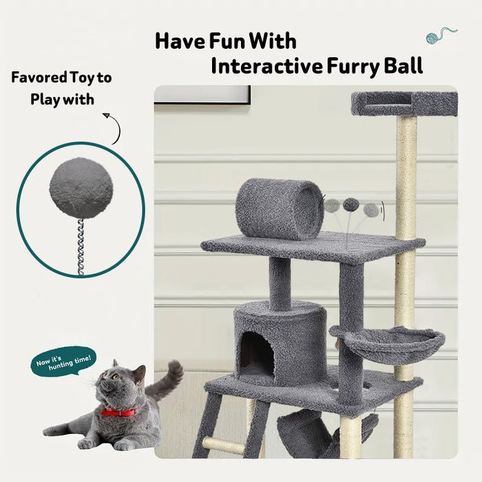Amazon Basics Multi-Level Cat Tree Indoor Climbing Activity Cat Tower with Scratching Posts, Hammock, and Tunnel, 19 x 19 x 50 Inches, Grey