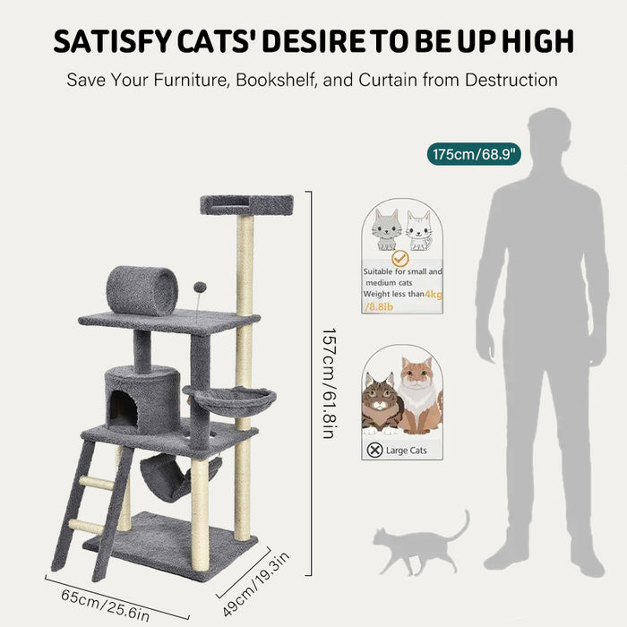Amazon Basics Multi-Level Cat Tree Indoor Climbing Activity Cat Tower with Scratching Posts, Hammock, and Tunnel, 19 x 19 x 50 Inches, Grey