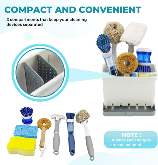 Amazon basics kitchen sink storage rack/sponge rack - standard, white, suitable for kitchen, bathroom, sink, with hanging rod and ventilation partition, multifunctional storage for brushes, sponges, dishcloths, ABS durable material