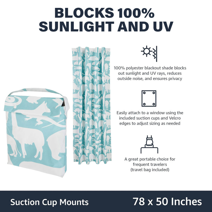 AmazonBasics Portable Kids Travel Window Blackout Curtain Shades with Suction Cups - Teal Zoo