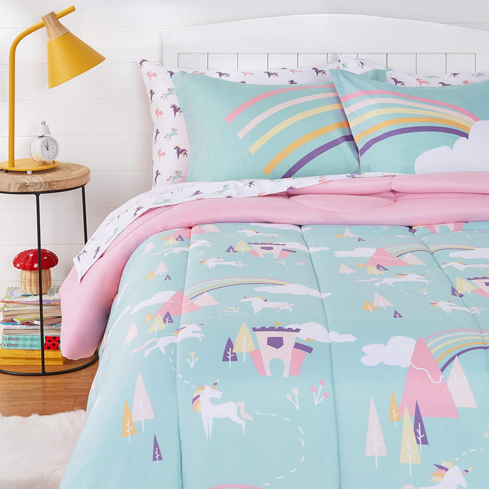 AmazonBasics Kids Easy-Wash Microfiber Bed-in-a-Bag Bedding Set - Full/Queen, Unicorn Kingdom