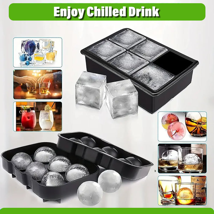 AmazonCommercial Silicone Ice Cube Trays, Set of 2, Spherical mold (7 x 5 x 2.2 IN) set of 1 + Square mold (6.5 x 4.4 x 2.0 IN)