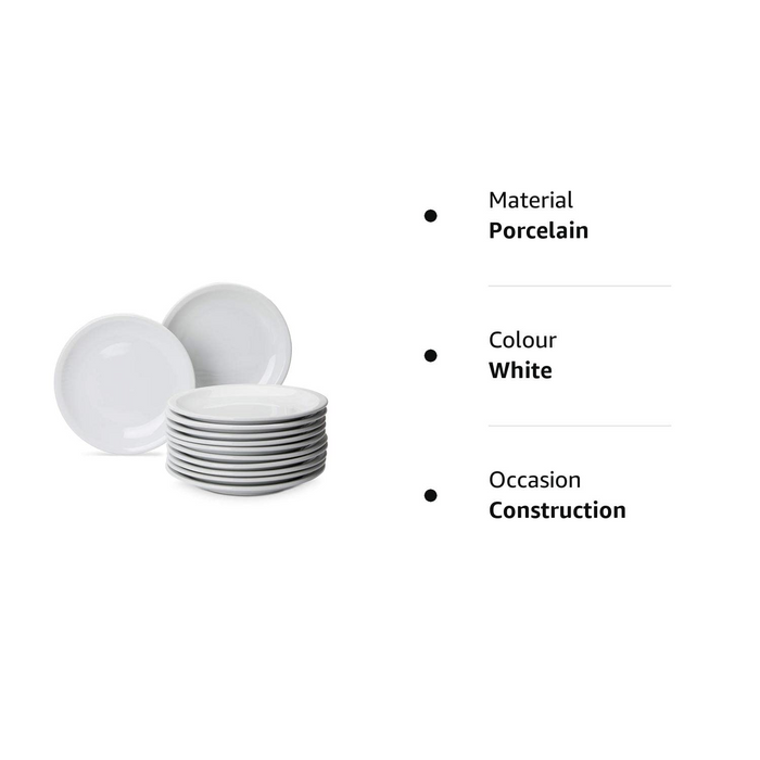 Amazon Basics 12-Piece Porcelain, 7 Inch Dessert Plate Set, White (Previously AmazonCommercial Brand)
