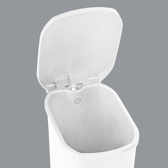 Amazon Basics Compact Plastic Bathroom Trash Can with Hands Free Foot Pedal, Quiet Close Step-On, 6 Liters, White, Lid Included