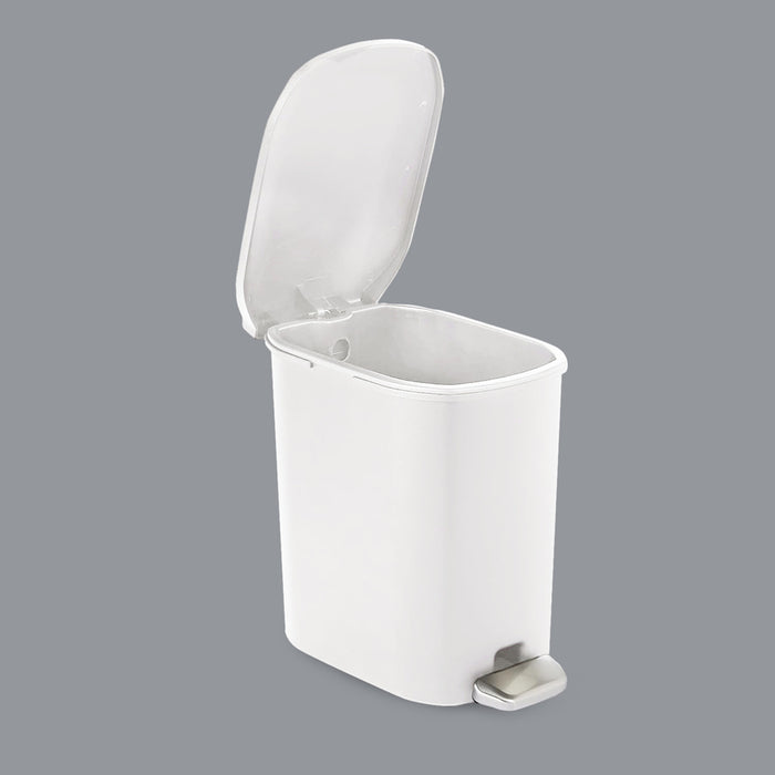 Amazon Basics Compact Plastic Bathroom Trash Can with Hands Free Foot Pedal, Quiet Close Step-On, 6 Liters, White, Lid Included