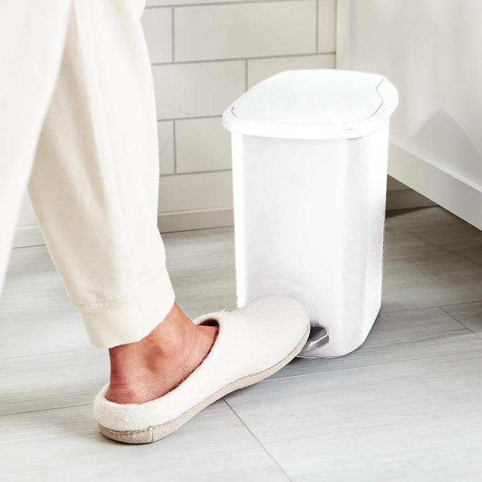 Amazon Basics Compact Plastic Bathroom Trash Can with Hands Free Foot Pedal, Quiet Close Step-On, 6 Liters, White, Lid Included