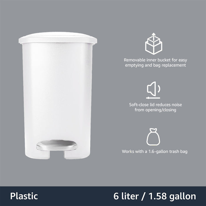 Amazon Basics Compact Plastic Bathroom Trash Can with Hands Free Foot Pedal, Quiet Close Step-On, 6 Liters, White, Lid Included